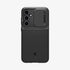 ACS05639 - Galaxy S23 Ultra Case Optik Armor in black showing the back with lens protector slot open